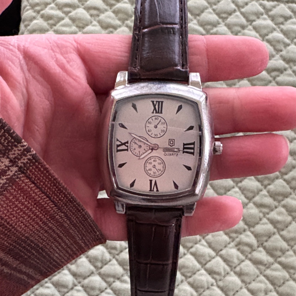 Vintage Silver Case With Brown Strap Mens Watch